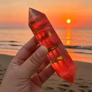 1 piece of 12 sided quartz red double pointed, red double pointed column, perfect for family collection and Valentine's Day and holiday gifts, perfect for office and coffee shop exquisite tabletops