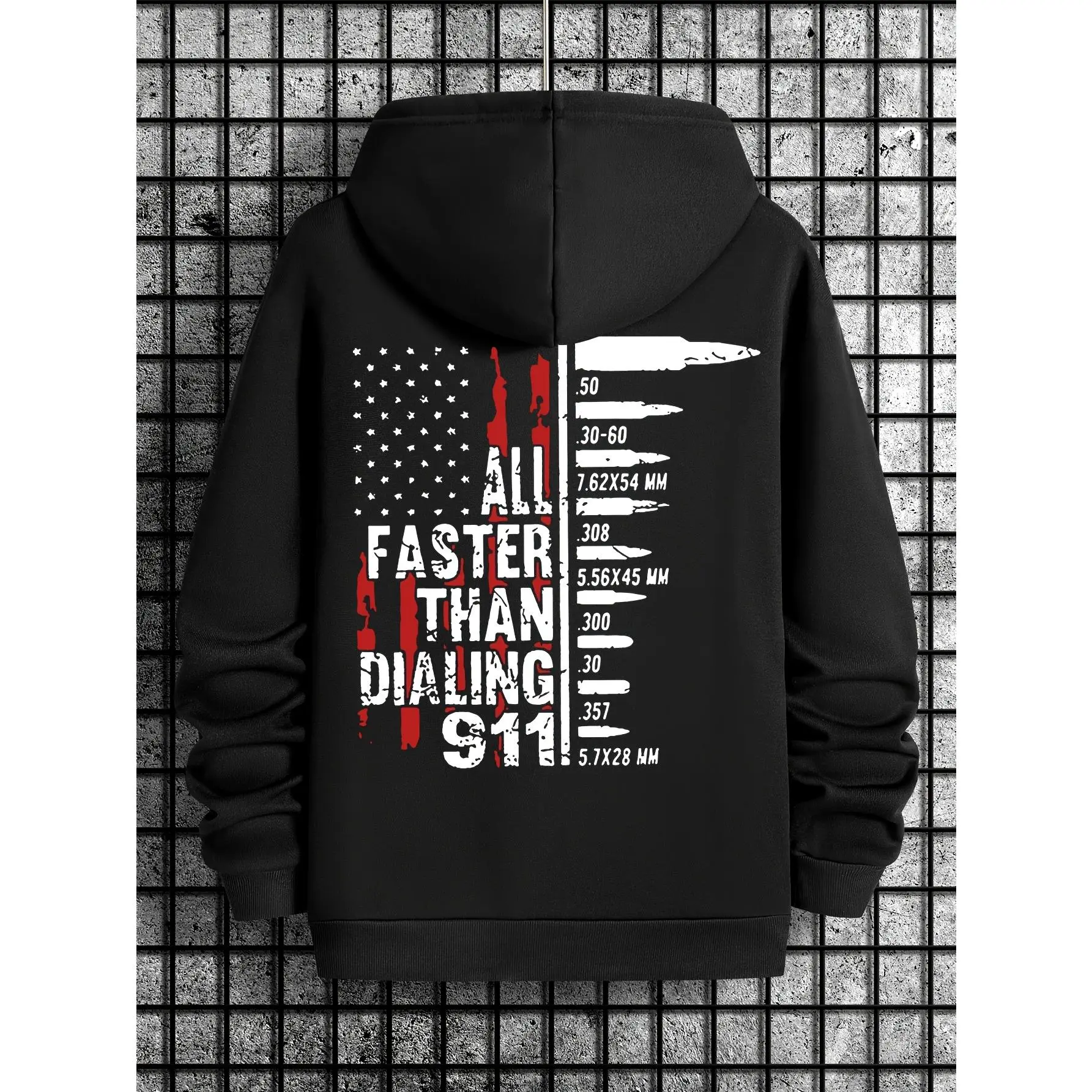 Unisex Black Back Print Oversized Hoodie, Distressed American Flag Bullet Caliber Chart Graphic, "All Faster Than Dialing 911" Vintage Grunge Slogan Pullover, Patriotic Gun Enthusiast Street Sweatshirt For Men Outdoor Tactical Casual Outfits