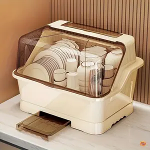 2025 Upgraded Covered Cutlery Storage Rack - Space-Saving Countertop and Cabinet Organizer with Dust-Proof Design, Easy Installation, Fresh Cream Color, Includes Draining Tray