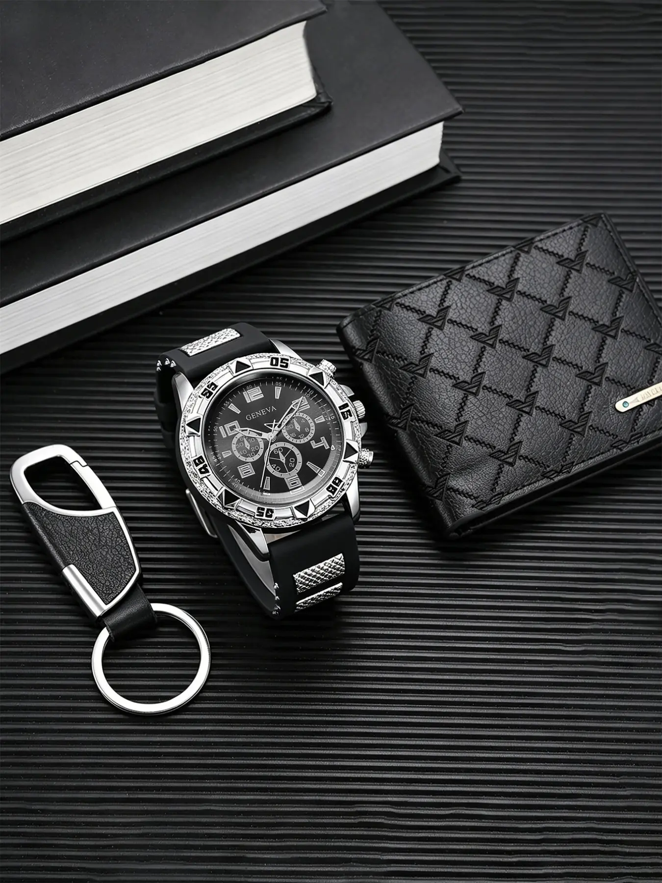 Men's Silicone Quartz Watch with Keychain Wallet Set, Round Case, Perfect Gift for Loved Ones, Daily Wear, Holiday Special Offer