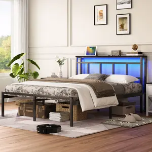 Twin/Full/Queen Bed Frame with Storage Headboard, Metal Platform Bed with RGB LED Light & USB/Type-C Charging Station, Black
