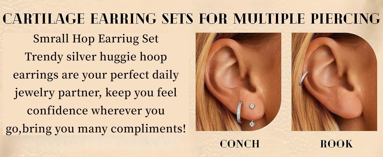 FUNRUN 3 Pairs Sterling Silver Earrings | CZ Huggie Hoops & Studs | Hypoallergenic for Sensitive Ears