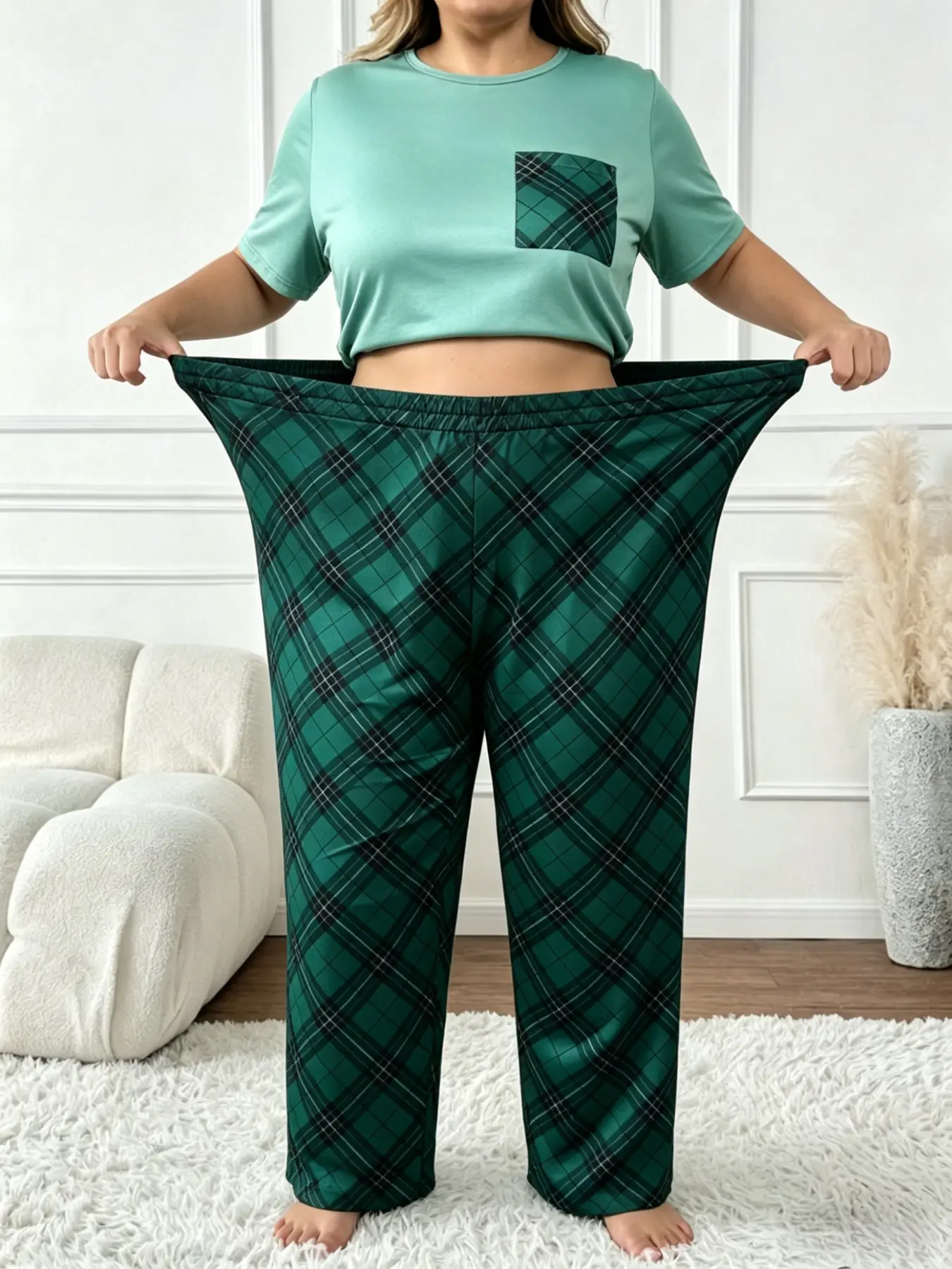 Plus Size Women's Short Sleeve Pajama Set, Plaid Snowflake Long Pants, Christmas Style Two-Piece Comfort Home Wear, Plus Size Pjs Sets, Red pjs sets, Christmas Gifts for GIRL, Black pjs, Green Pjs sets, Loungewear, Fall Pajama Sets