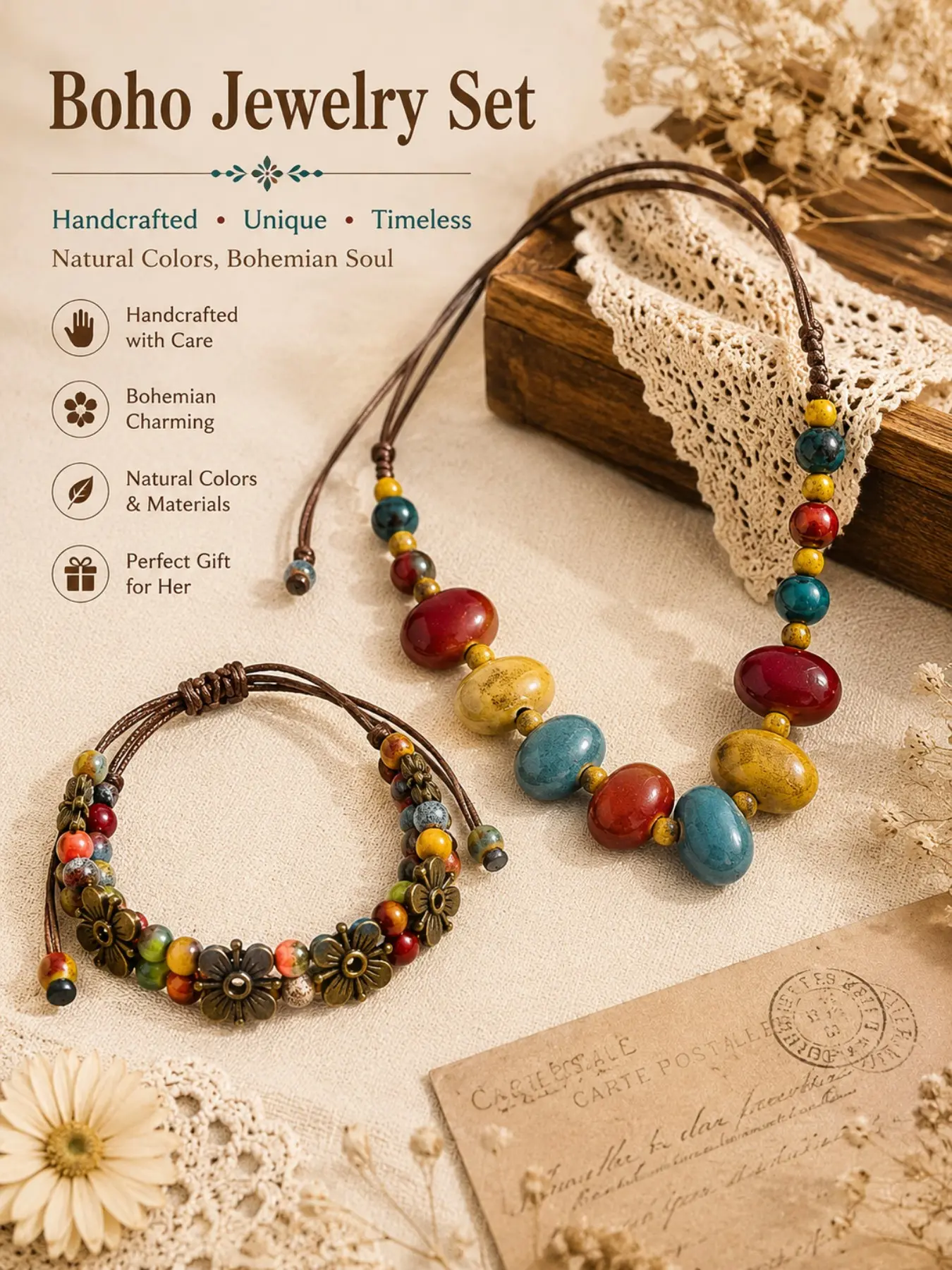 Bohemian Vintage Handmade Woven Bracelet & Necklace Set, Colorful Ceramic Beaded, Leather Cord, Flower Charms, Adjustable Knot, Party Gift