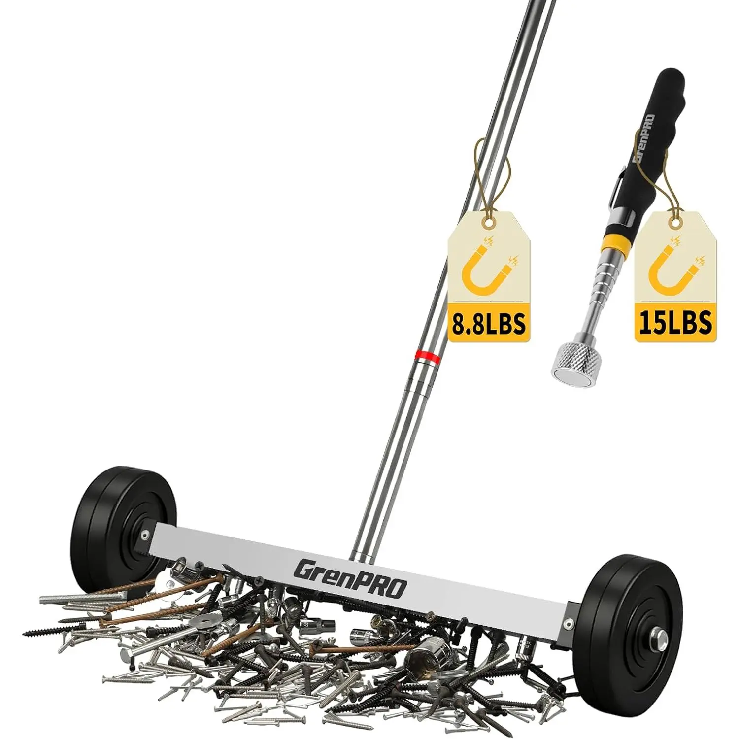 17" Rolling  Sweeper with Wheels,8.8 Lbs Pull Force,Telescoping Handle,2-Pack Includes  Pickup Tool for Construction,Workshop,Garage & Yard