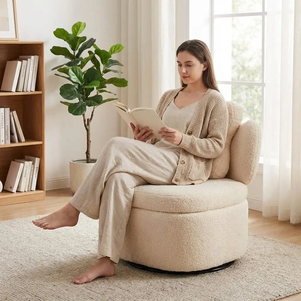 Garvee Teddy Swivel Cuddle Chair, Round Swivel Accent Chair with 360° Rotating Metal Base, Comfy Upholstered Boucle Reading Armchair, Leisure Single Sofa for Living Room Bedroom - Camel