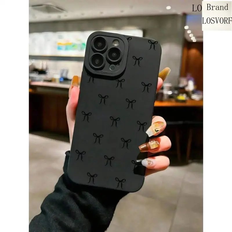 LOSVORF 1pc Black Bow-Knot Pattern TPU Smartphone Case - Full Coverage, Matte, Shockproof, Anti-Drop Handheld Cellphone Protector Compatible with iPhone 16/15/14/13/12/11 Pro Max, A55/54/53/52/51, S25/24/23/22/21 Ultra Devices, Iphone 16 Plus