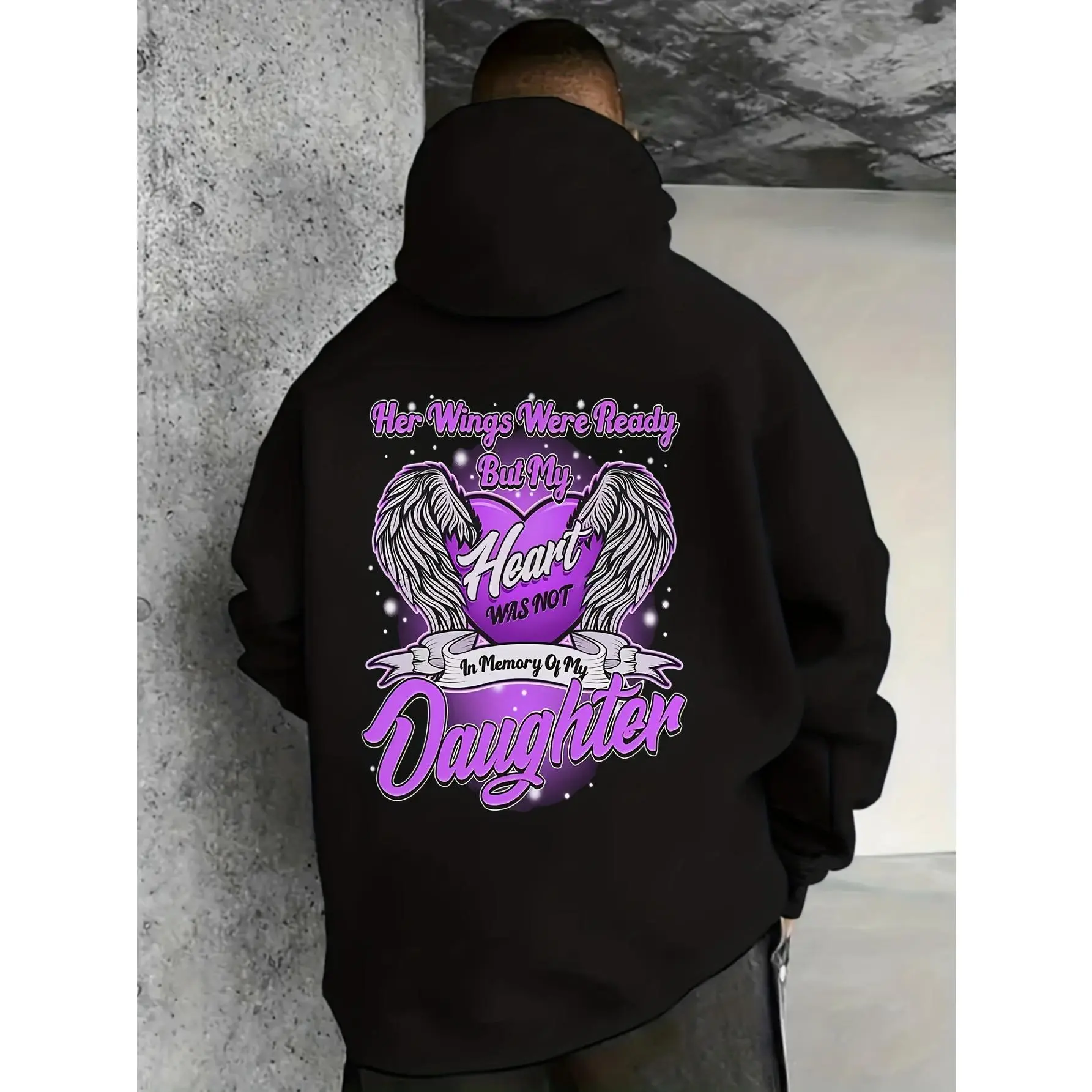 INMEMO Memorial Hoodie for Men & Women - In Memory Of Tribute Design with Wings & Heart, Black & Purple Angel Wings Back Print, Comfortable Cotton Blend Pullover, Kangaroo Pocket, Casual & Game Day Hooded Sweatshirt for Loss