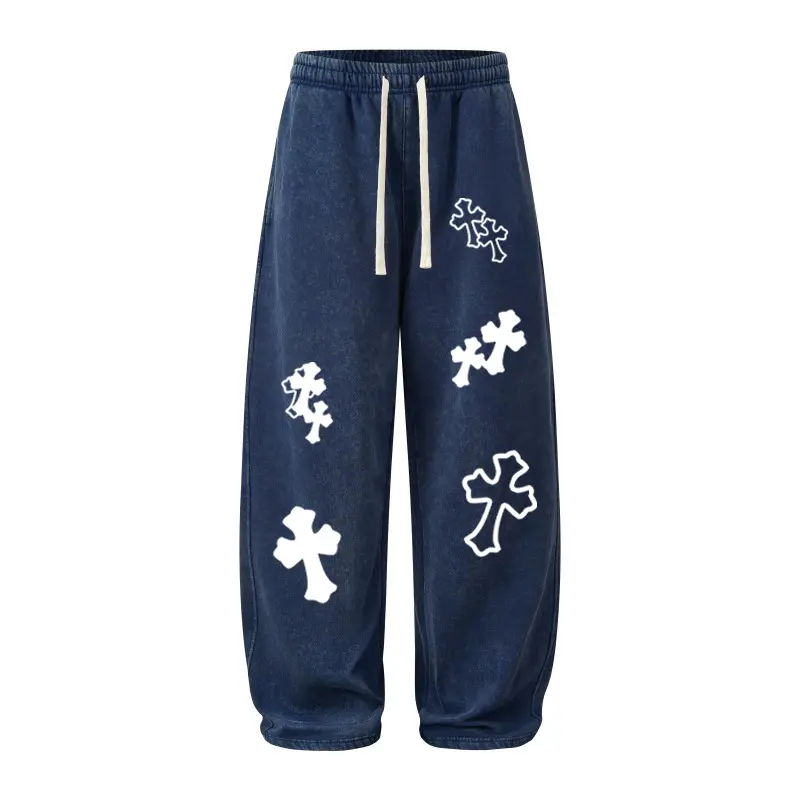 Retro washed jeans - suitable for both men and women. Y2K style. Patterned loose wide-leg pants. Elastic waist. Street fashion. Jumping style pants.