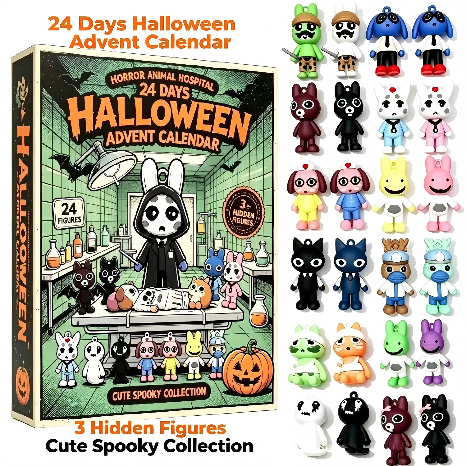 24 Days Halloween Advent Calendar, Horror Animal Hospital Cute Spooky Mini Figurines, 3 Hidden Figures, Halloween Surprise Blind Box Toy Gift for Children