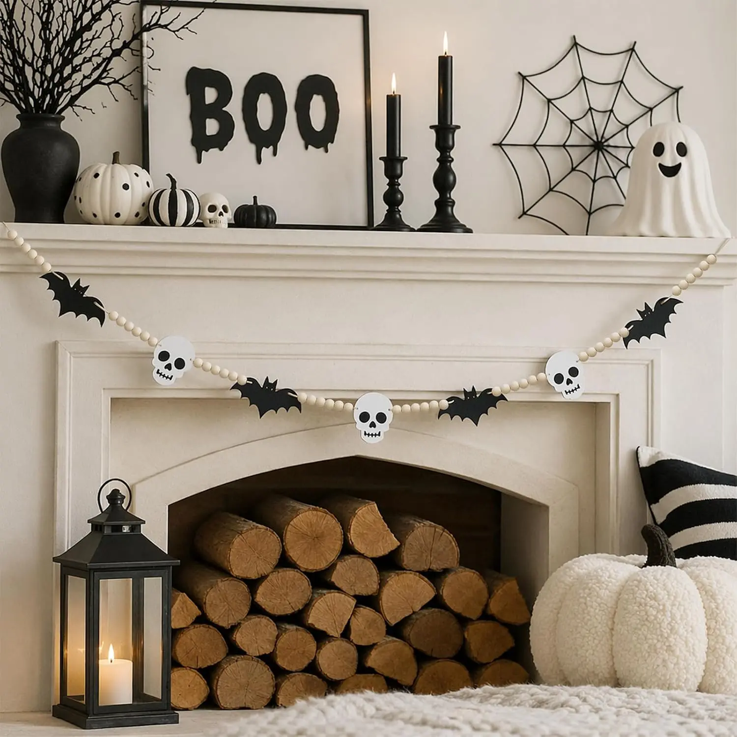 6.7 FT Halloween Decorations Garland with Bat and Skull Wooden Bead Decor | Halloween Mantel Decor Banner for Fireplace, Wall, Shelf,  Indoor Halloween Party Decor