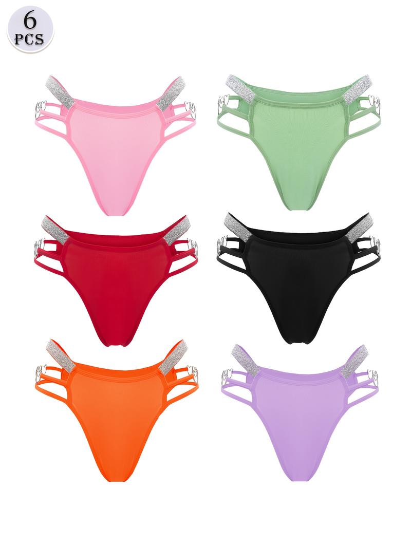 6 Pack Women's Sexy Heart-Shaped Chain Bikini Panties - Mixed Colors, Fashionable Soft Breathable Nylon Blend, Mature Elegant Low-Waist Design, Suitable for Parties and Romantic Dates Swim Knicker