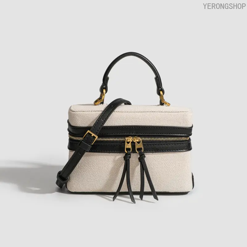 Niche Retro Canvas Spliced Box Bag for Women, Versatile Commuter Lunchbox Shaped Handbag, Convertible Single Shoulder & Crossbody Purse