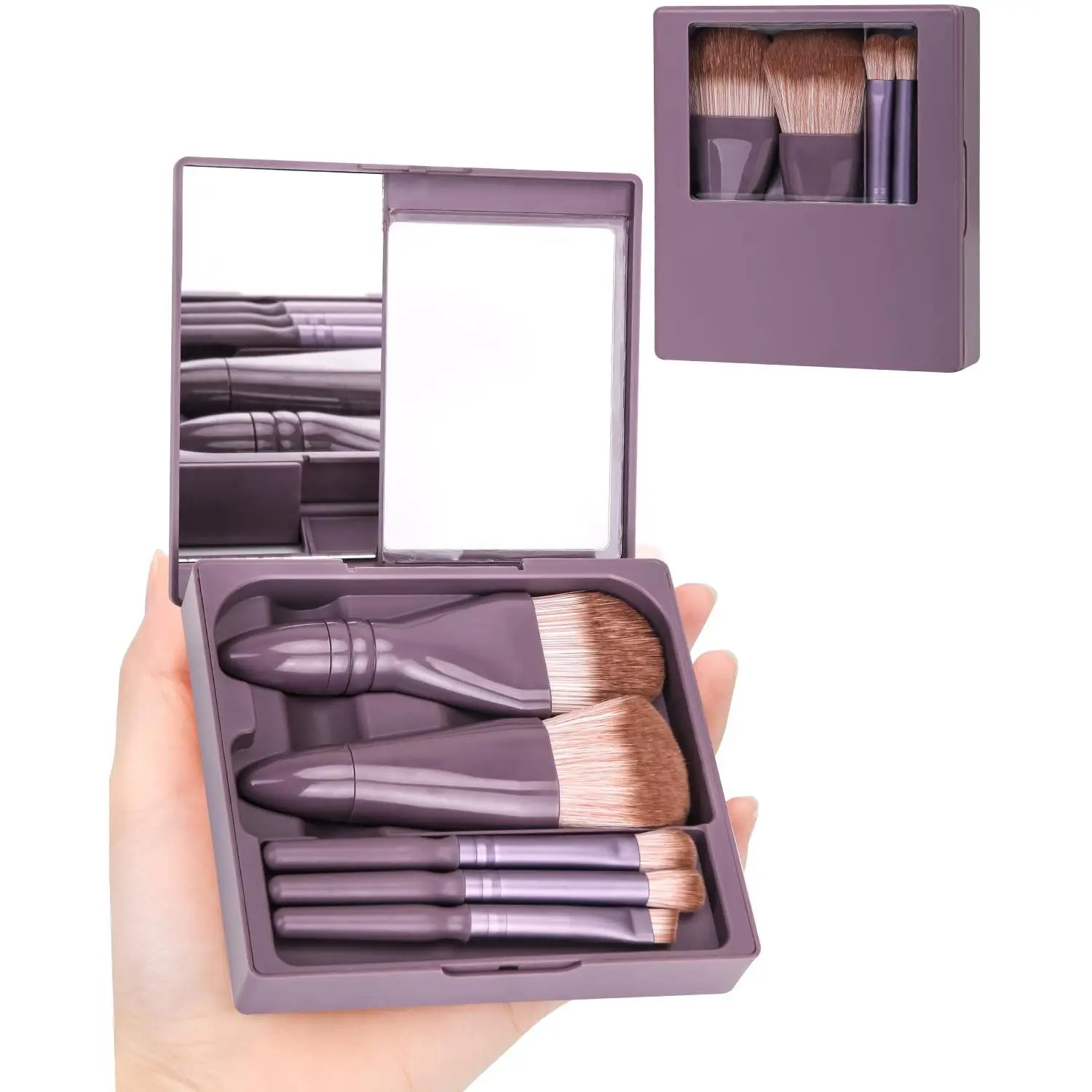 Travel Size Makeup Brushes Mini Set with Hard Case and Built-in Mirror, 5Pcs Small Cosmetic Brushes, On the Go Brush Travel Essentials kits for Women, Girls Gift (Dark Purple)