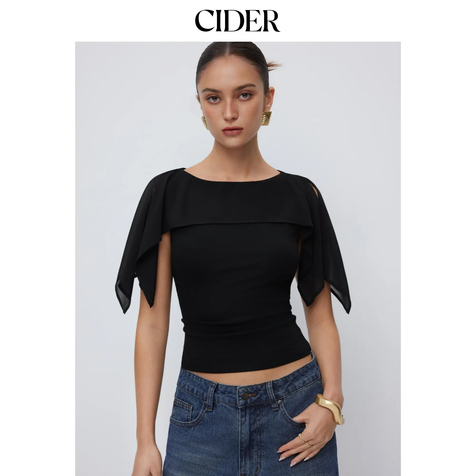 Cider Boat Neck Draped Overlay Short Sleeve Top