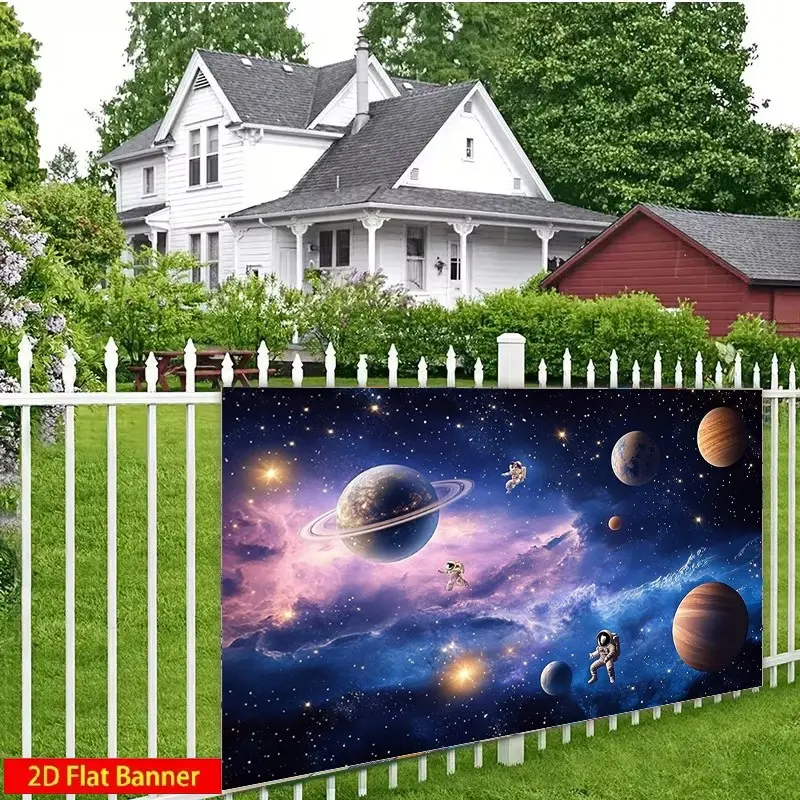 2D graphic design, a single 2D flat background wallpaper, featuring planets, stars and astronauts, presenting a space galaxy scene. With high-definition texture and long-lasting durability.