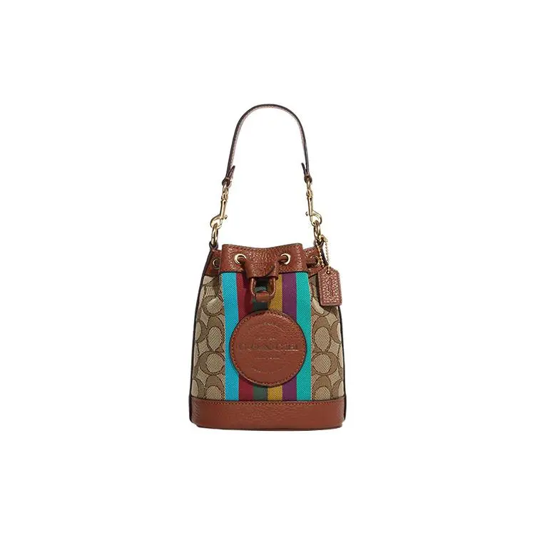 COACH Dempsey 14 Striped Drawstring Bucket Bag for Women – Fabric and Leather, Khaki
