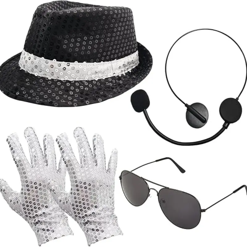 70s 80s Disco for Men, Pop Rockstar Stage Dance Costume, Mj Wig, Sequin Gloves, Hat, Sunglasses, Tie, Strap for Cosplay, 80s Party, Halloween