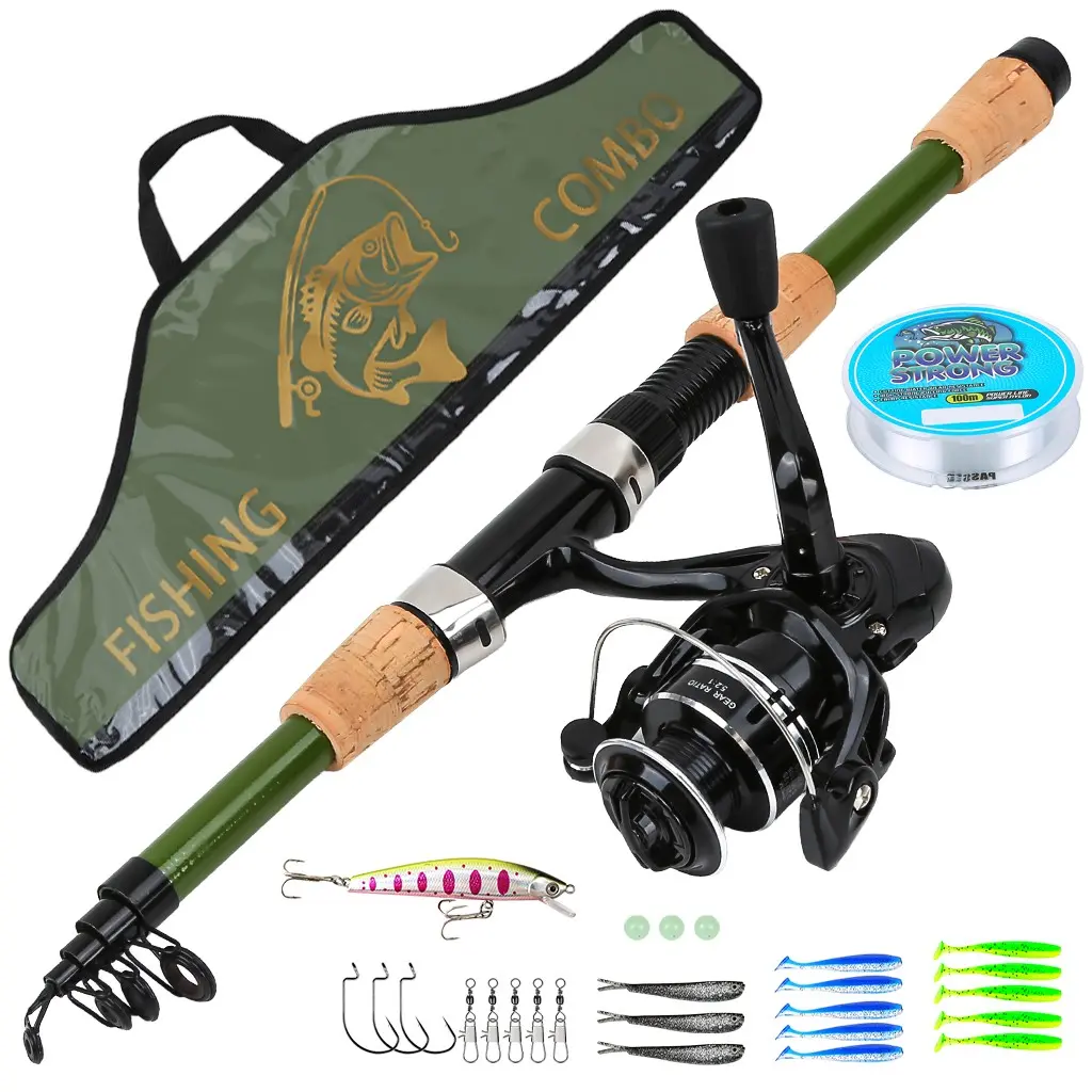 Army Green Outdoor Bass Fishing Tackle Kit - All-in-One Telescopic Rod and Reel Combo with Carrying Bag, Portable Gear for Camping & Outdoor Trips