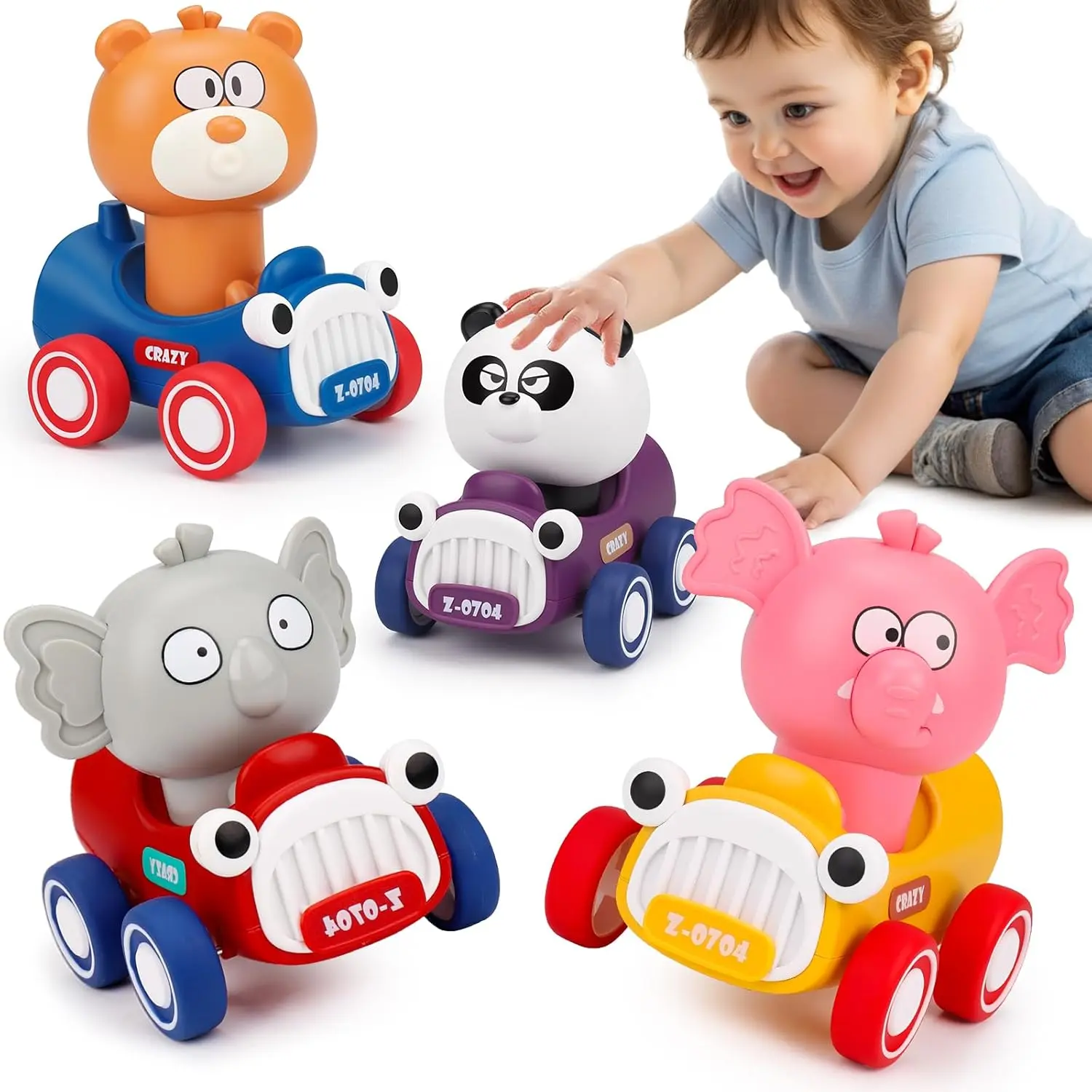 Press and Go Toy Cars for Toddlers 1-3, Animal Racing Cars Infant Baby Toys 6-9-12-18 Months, Cars Toys for 1 2 Year Old Boy Girl Gifts, One 1st First Year Old Boy Girl Birthday Easter Gifts