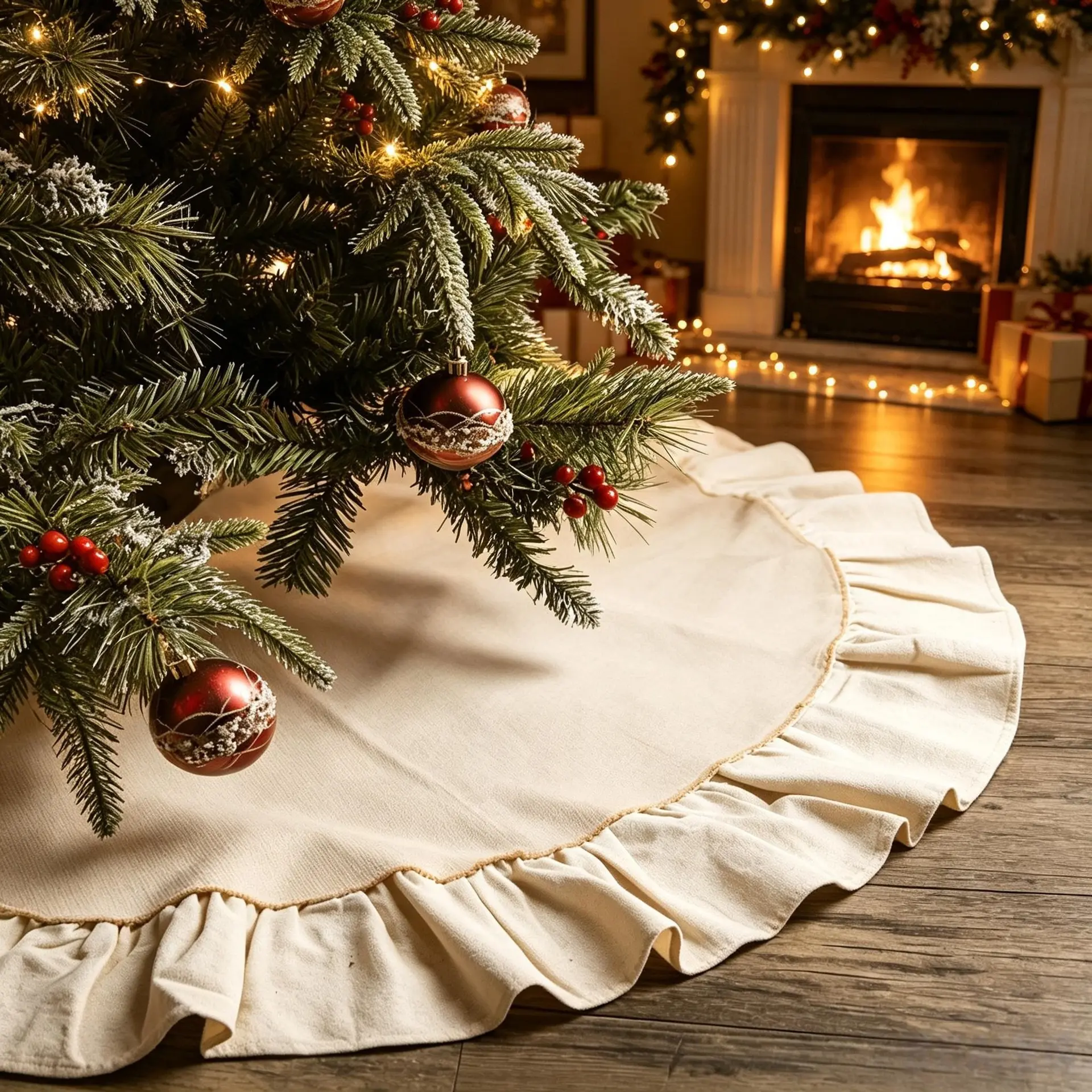 36-inch Christmas tree skirt, linen fringed tree skirt, with edge ruffles design, warm and luxurious holiday home decoration, suitable for Christmas tree decoration, Christmas stand decoration, living room,Elegance for Holiday Party Decorations