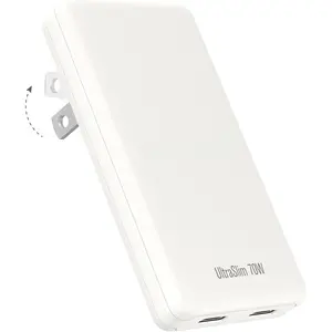 UltraSlim 70W GaN II  USB-C PD Wall Charger - Compact Flat Plug Adapter with Foldable Design, Intelligent Power Allocation &   for Laptops & Phones - White