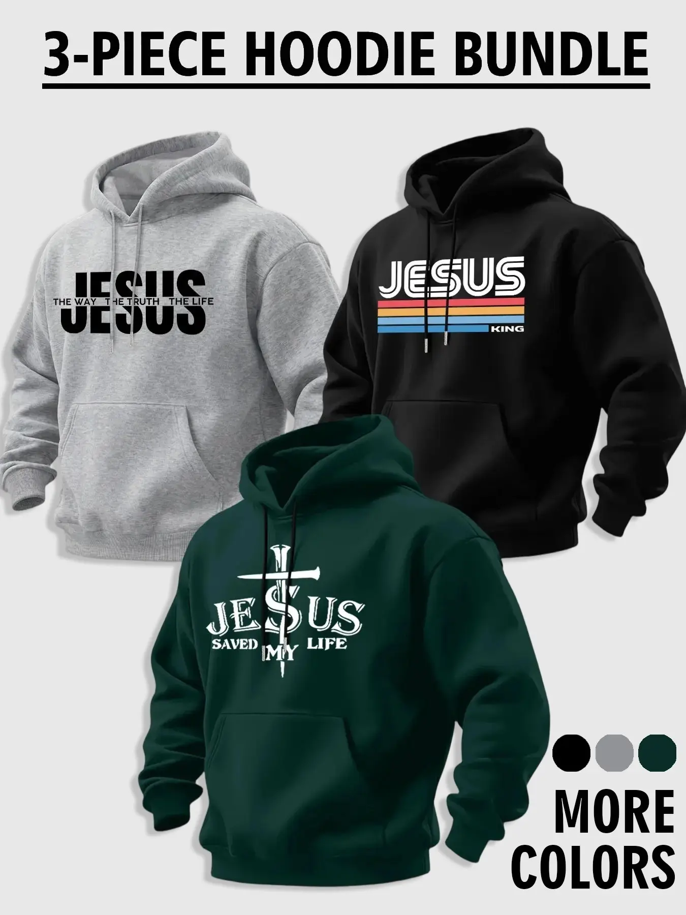 Men's Three-Piece Set Jesus Faith Print Hoodie, Drawstring Kangaroo Pocket, Loose Fit, Vintage Casual, Fall Winter Daily Wear, Multi-Color