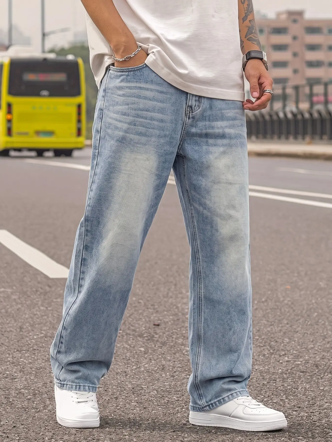 Men's Non-Elastic Loose Jeans Pants, Loose Denim, Classic Trendy Fashion, Casual Simple, Vintage Washed, Perfect for Daily Wear, Ideal Gift for Friends/BF, Menswear