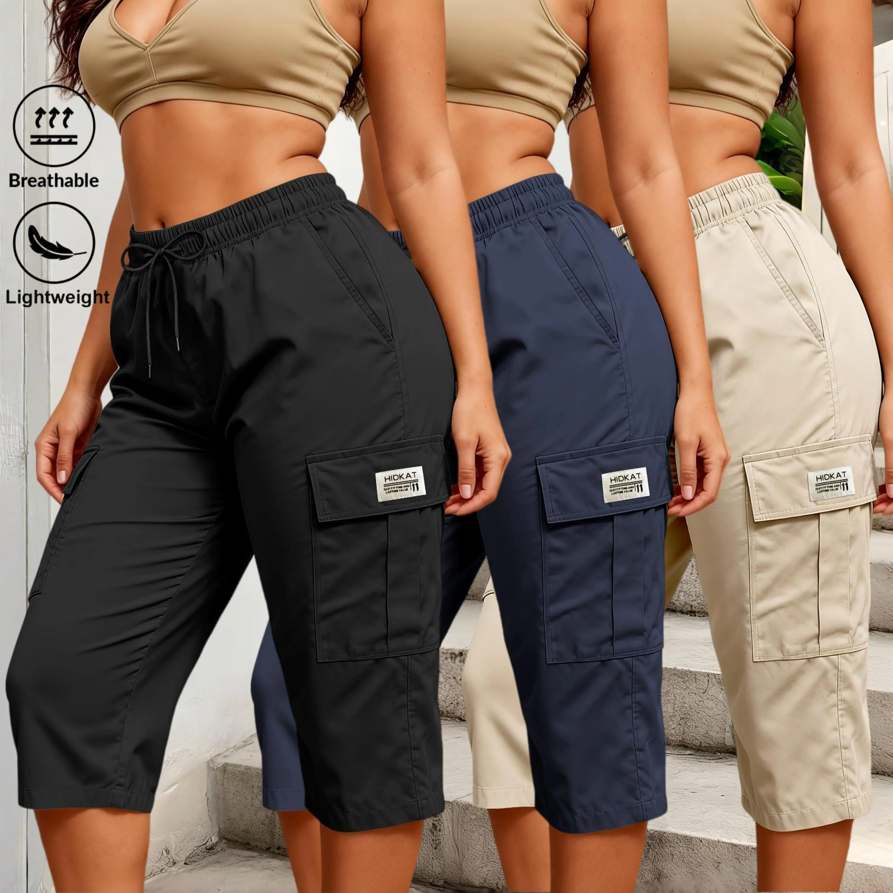 Women Baggy Cargo Capri Pants, Y2K Loose Summer Cropped Utility Pants, Elastic Drawstring High Waist, Flap Cargo Pockets, Lightweight Breathable Casual Streetwear Capris for Hiking Travel Daily Outdoor Clean Girl Outfits