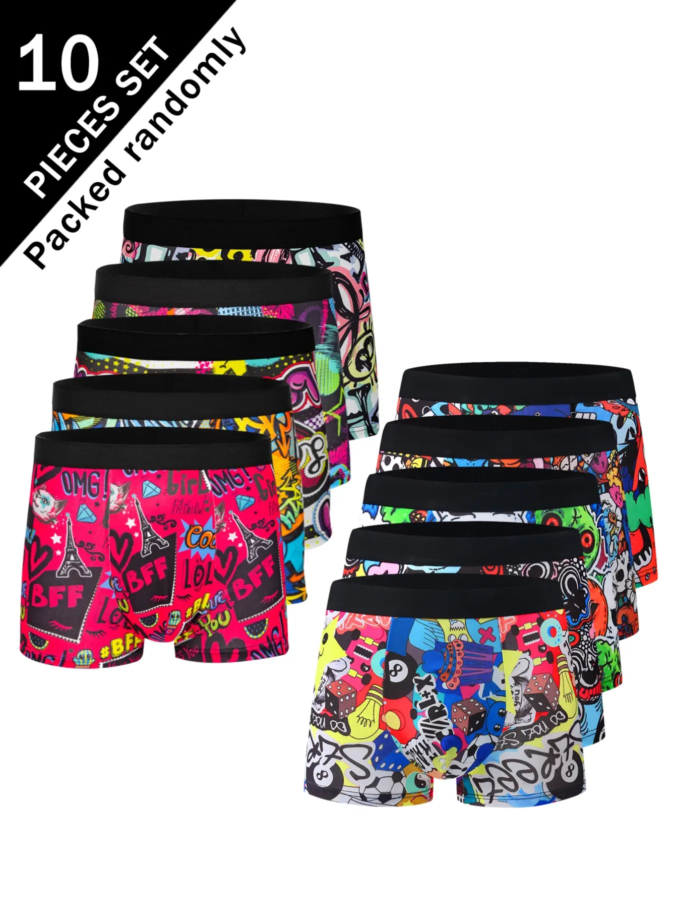 10-Pack Trendy Graffiti Print Men's Boxer Briefs, Casual Underwear, Comfortable High-Elastic Mid-Waist, Casual Colorblock Design, Youthful Cartoon Style
