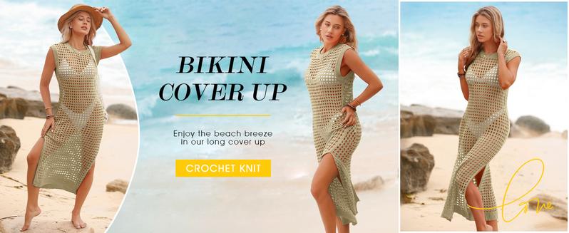 Saodimallsu Womens Crochet Swimsuit Coverup Summer Sleeveless Hollow Out Knit Crewneck Side Split Long Beach Dress