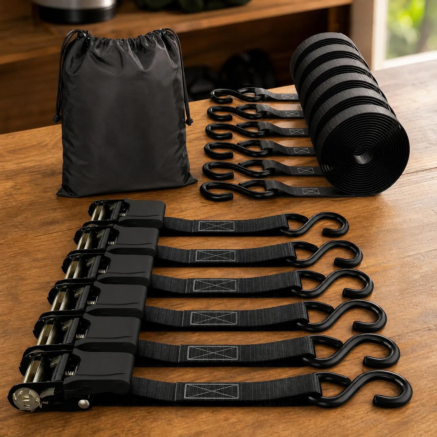 6-Pack Ratchet Tie Down Straps, 1 in x 15 ft, 1500 lb Capacity, Black Durable Polyester Webbing with Coated S-Hooks, Quick-Release Ratchet, Carry Bag Included for Trucks, Trailers, MotorcyclesGift