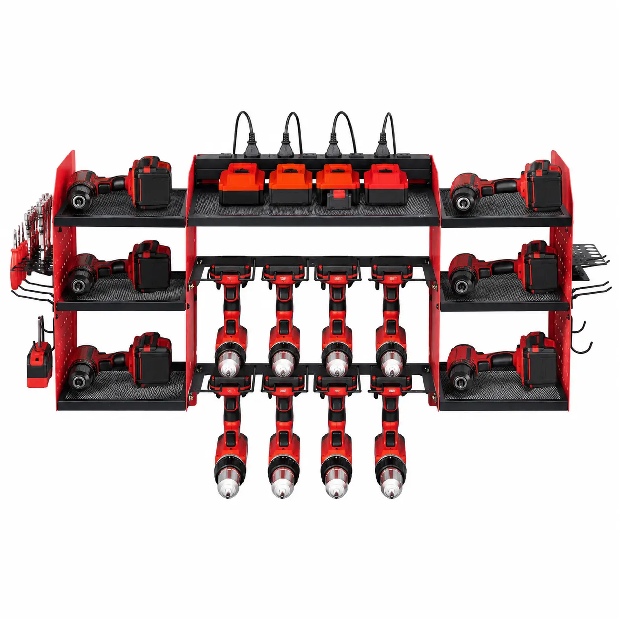 Heavy Duty Wall Mount Power Tool Organizer, 3/4-Tier Metal Garage Storage Rack with 4/8 Drill Holders, Optional 8-Outlet Charging Station, Pegboard Hooks, Battery Shelves & Tool Holders, Pegboard/Basic/Combo Styles for Garage Workshop