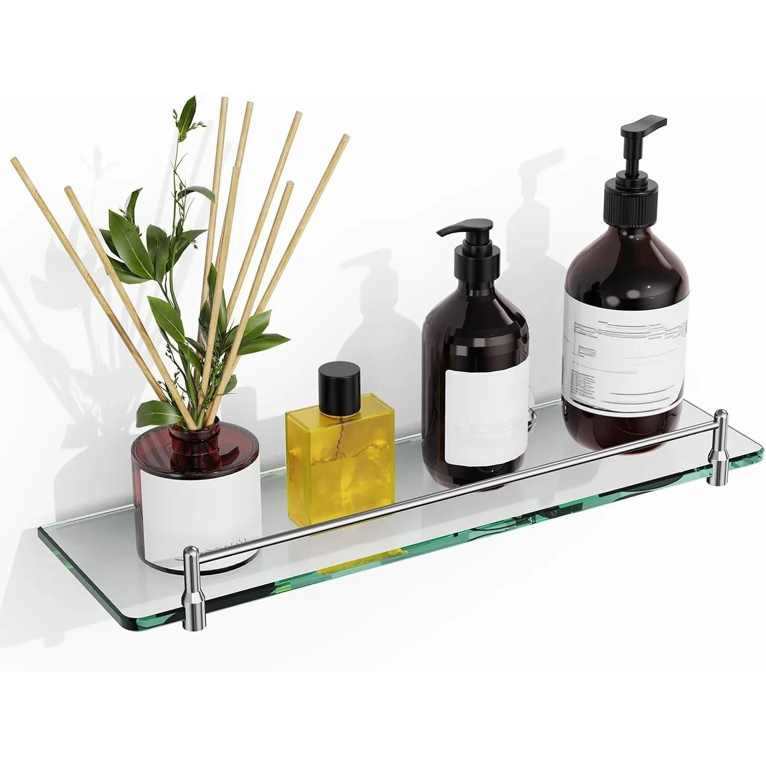 Glass Bathroom Shelves,Chrome Polished Floating Shelves for Wall Rectangular Modern Stainless Steel Glass Shelf for Bathroom Shelves wall Mounted 16 Inch
