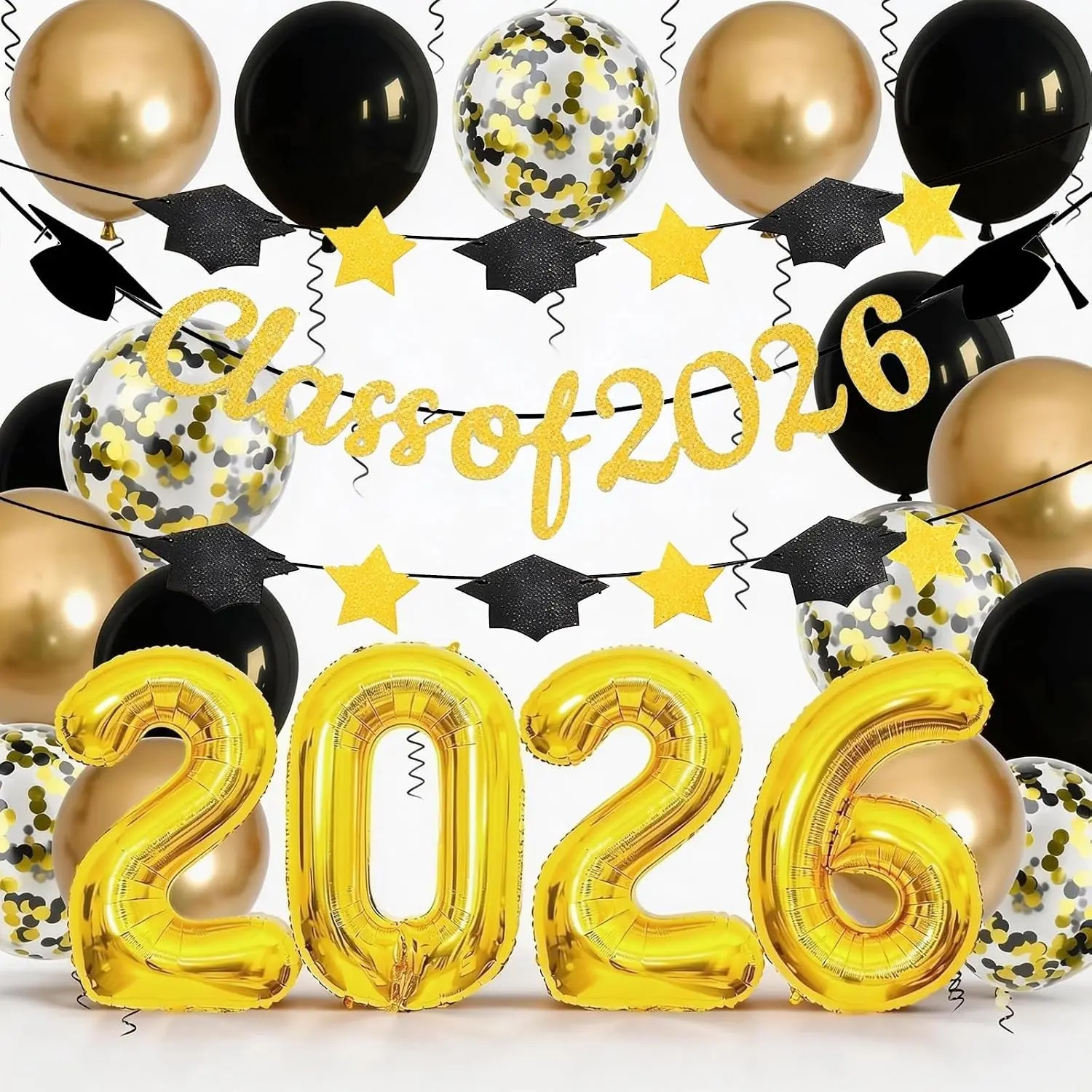 Graduation Balloons Class of 2026, Black Gold Graduation Party Decorations Set with 32in 2026 Number Balloons Confetti Balloon Star Cap Garland Banner for Senior High School College Grad Party Decor