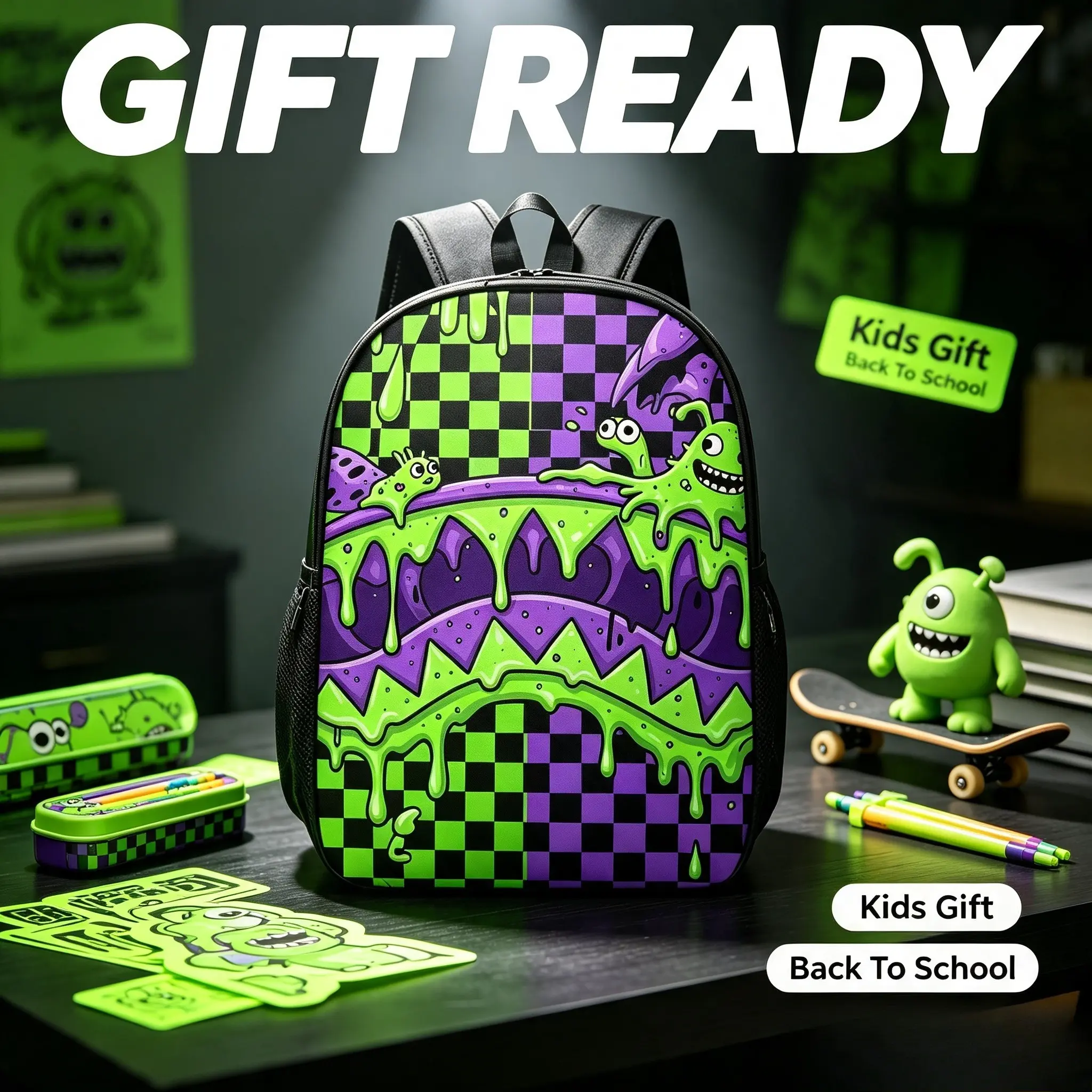 Green and purple monster teeth pattern backpack Large Durable Unisex Backpack - Adjustable Shoulder Strap, Smooth Zipper, Lightweight 2D Flat Style Book Bags for School, Daily Use Suitable for both boys and girls