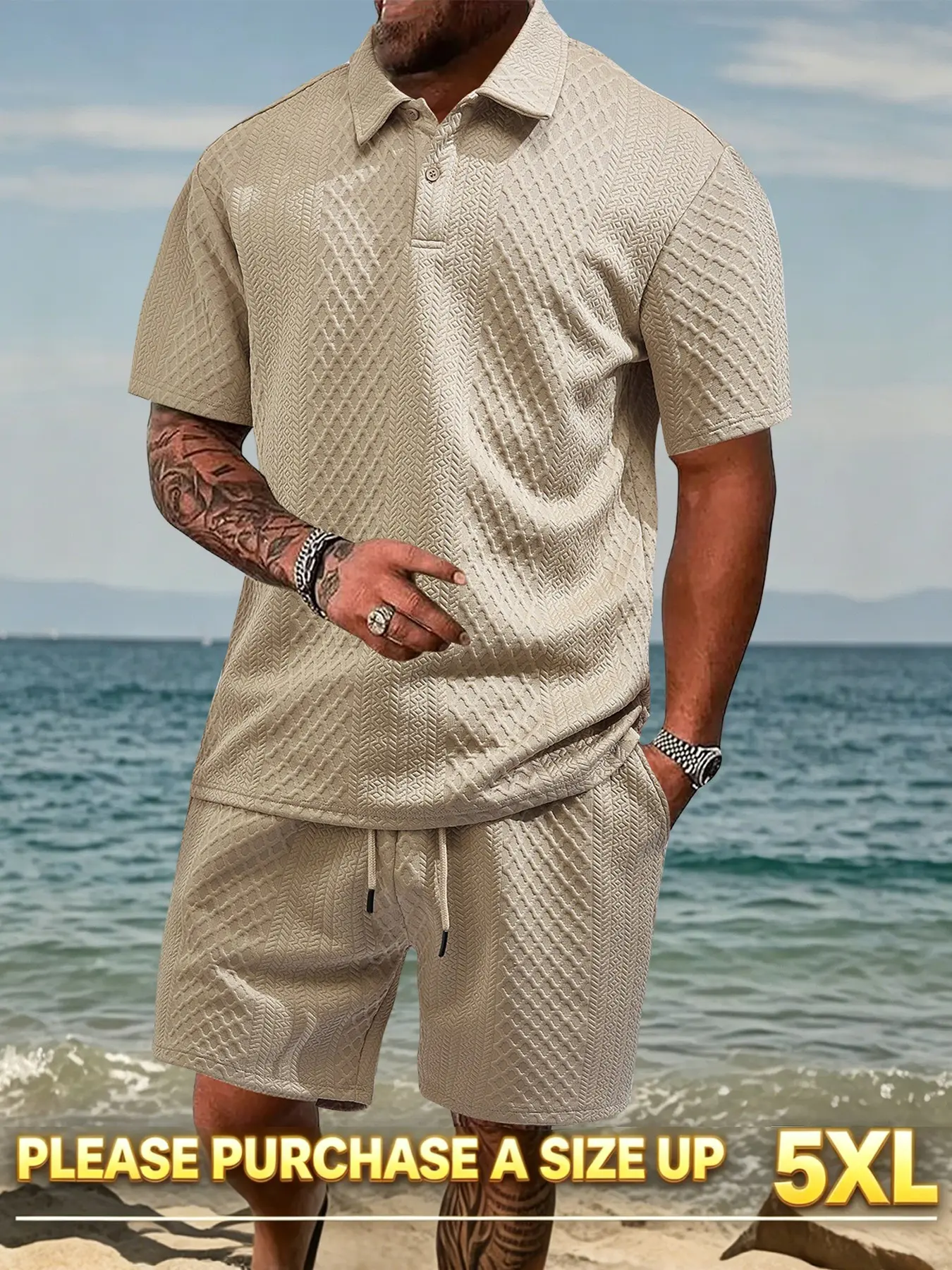 Men's solid-colored textured polo shirt and shorts two-piece set, Outfit, regular-fit casual top with drawstring pocket shorts, crafted from comfortable jacquard textured fabric, daily seaside vacations and casual outings