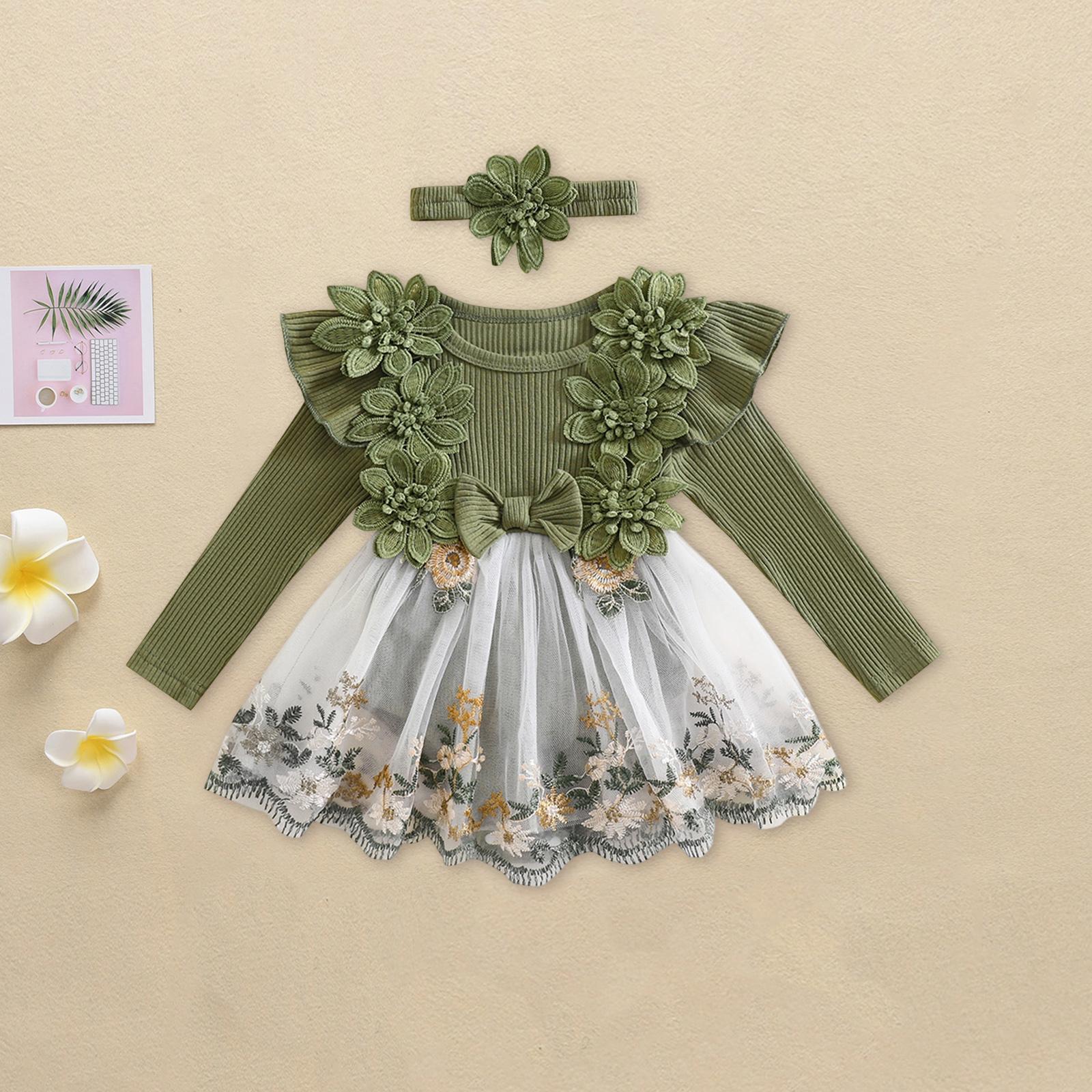 Baby Girl Romper Dress Embroidery Lace Flowers Baby Dress Romper Fall Winter Festival Clothes with Headband
