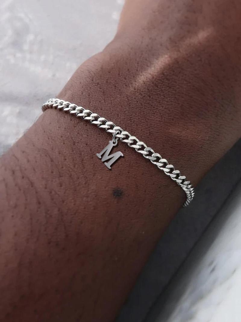 Letter Charm Decor Cuban Chain Bracelet, Simple Stainless Steel Jewelry for Men, Trendy Versatile Accessories, Initial Charm Bracelets