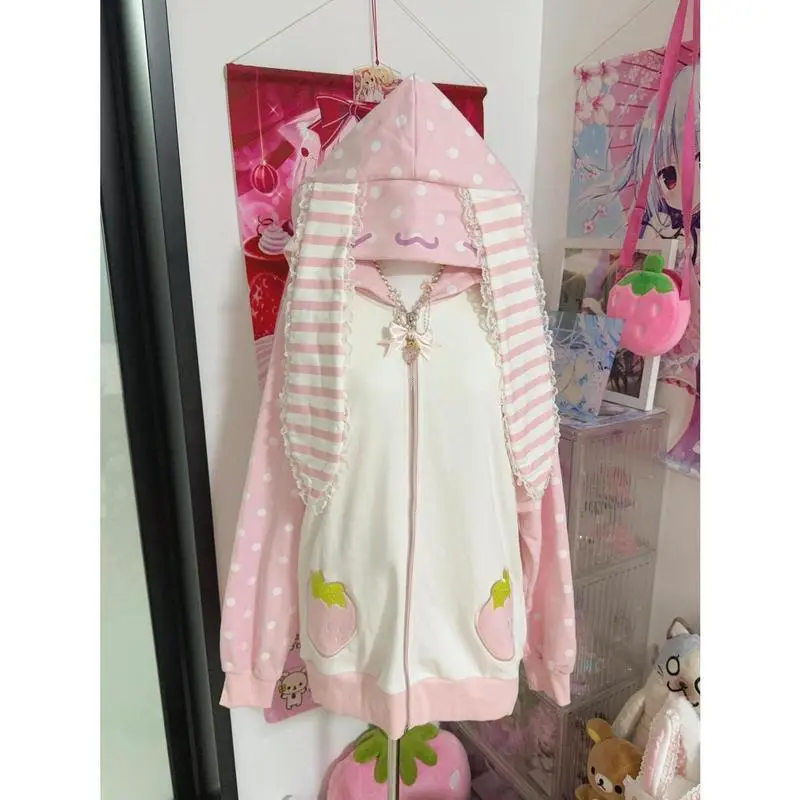 2025 Women's Blush Pink Patchwork Overcoat - Kawaii Sweet Loose Hoodie with Zipper, Lace, Polka Dots, Strawberry Details - Jackets, Outerwear, Tops, Clothes, Casual, Long Sleeve, Loose-Fitting, Lovely, Kawaii Polka Dots