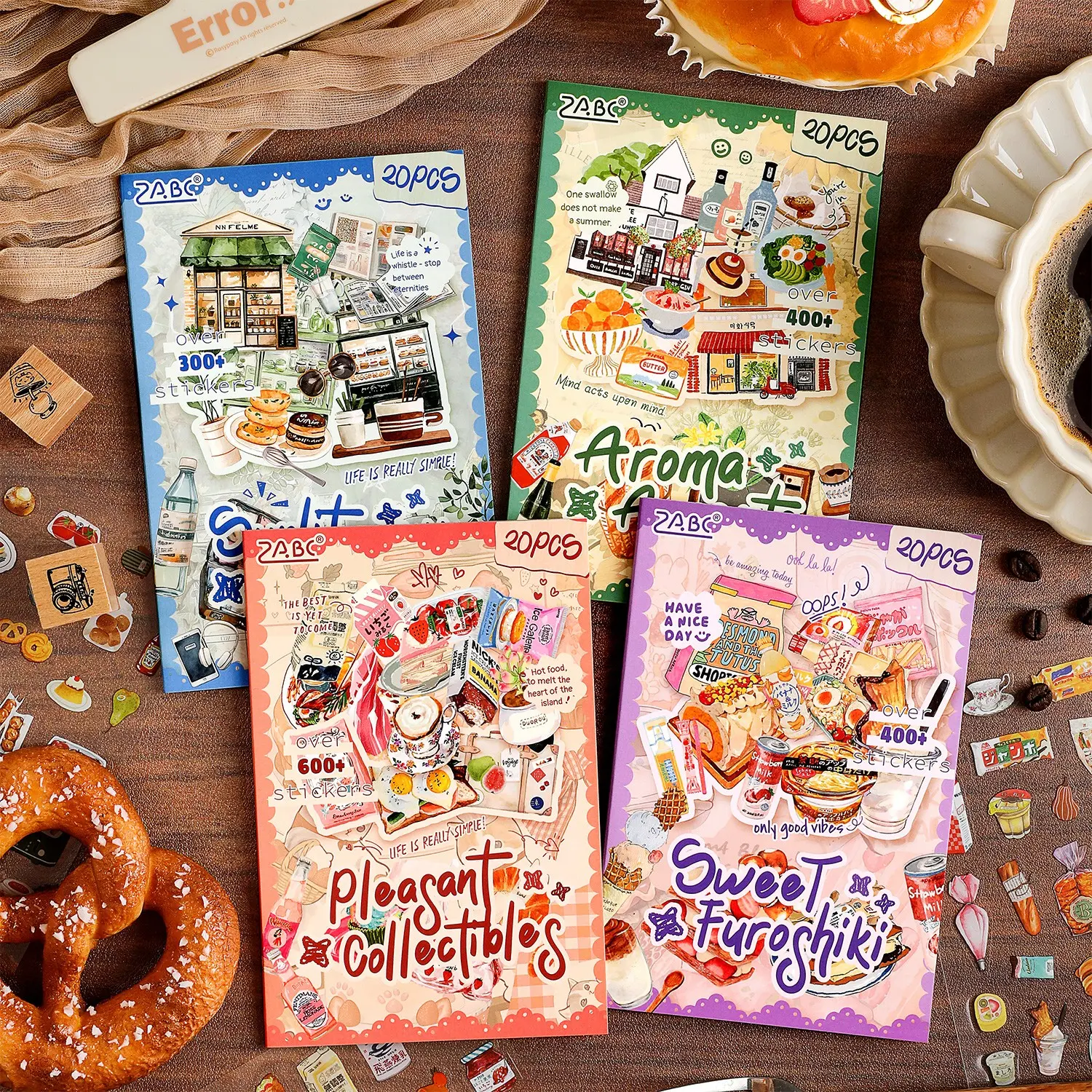 Set of 4 Food Theme Sticker Books, Self-Adhesive No-Cut Memo Stickers, Ideal for Journals, Cards, Albums, Water Bottles, Laptops, Phones