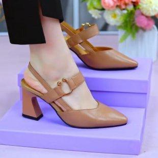 Women High Heeled Leather Wine Glass Heel Sandals Spring Summer Hollow Pointed Toe Stylish Elegant Mid Heel