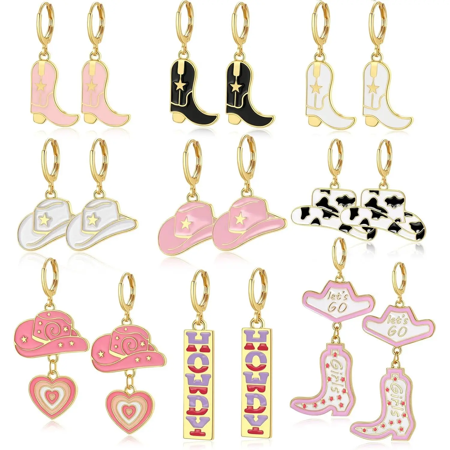9-Pair Cowgirl Earrings Set for Women, Lightweight Western Dangle Jewelry with Boot, Hat & Heart Designs