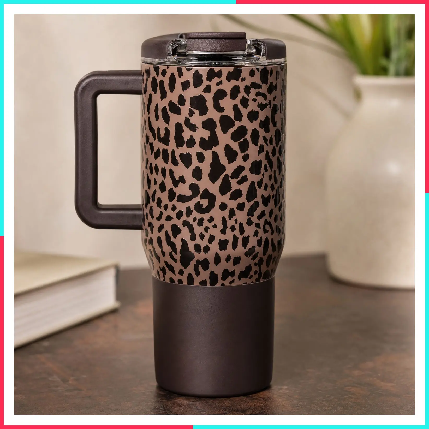 20oz Ceramic-Lined Coffee Traveler Mug with Handle, Brown Leopard