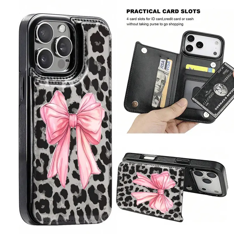 Phone Case: Leopard Pink Bow Card Clip Wallet Phone Case for iPhone 17 Air/16 15 14 Promax/Plus, with Credit Card Slot, for Galaxy S25 S24 S23 Ultra/+, Portable Folding Coin Purse Soft Shell, Stylish, Anti Drop Protection. A18, Handheld, Cellphone
