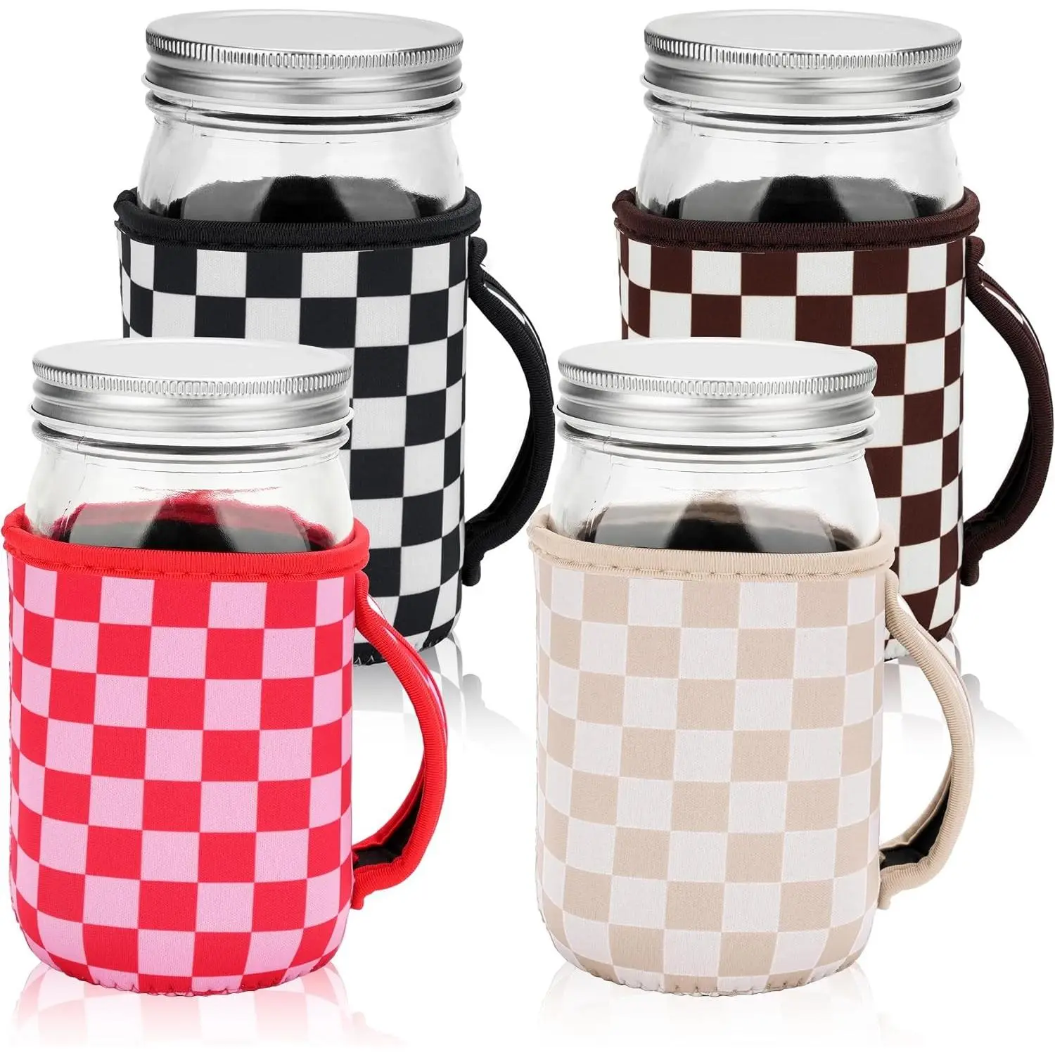 4 Pcs Mason Jars Sleeves Neoprene 32oz Regular and Wide Mouth Mason Jar Sleeves Holder with Handle (Checkered, 32 OZ)