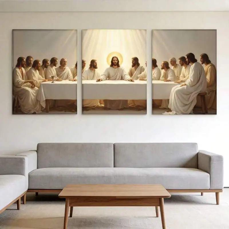 3-Piece Framed Canvas Wall Art Set--The Last Supper By Jesus, Triptych Painting, Modern White Frame, Suitable For Living Room, Church, Prayer Room Decoration, Iconic Religious And Worship Space Decoration, 2D Flat Painting