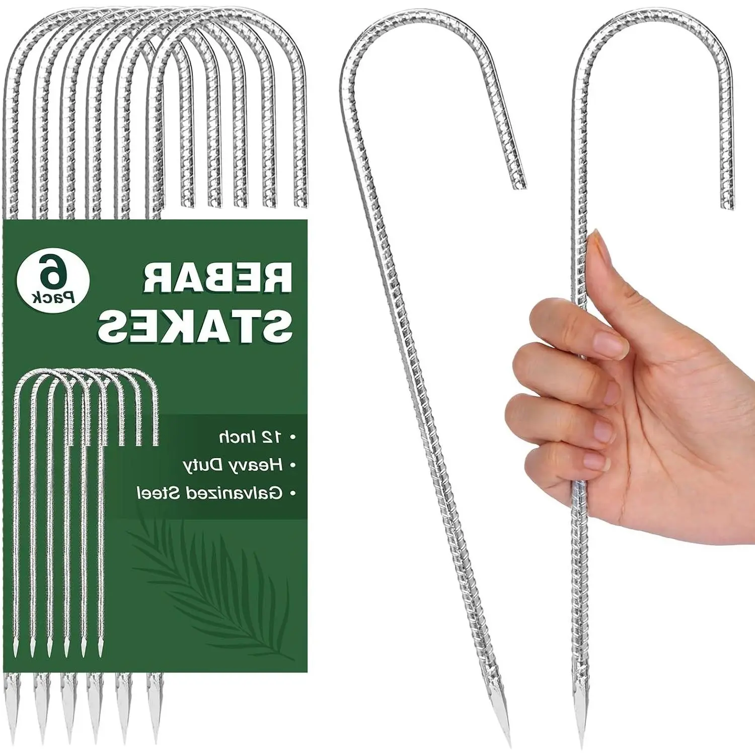 6 Pack Heavy Duty 12 Inch J Hook Rebar Stakes, Galvanized Steel Metal Tent Stakes, Ground Anchors for Tents, Inflatables, Chain Link Fence, Outdoor DecorationsGift