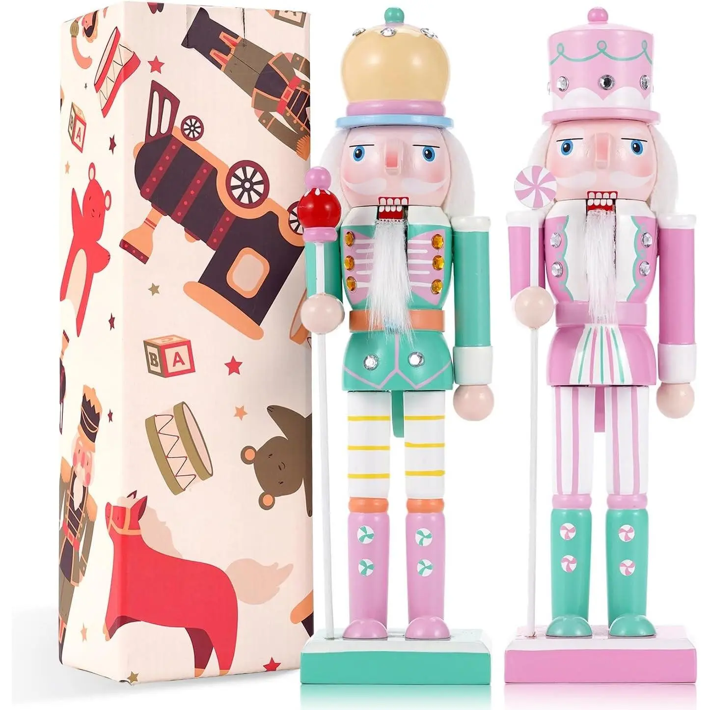 10" Christmas Decorations Nutcracker Ornaments, 2 Pcs Traditional Wooden Nutcracker Figures Soldier, Festive Collectible Christmas Nutcracker Doll Gift for Table Desktop Fireplace
