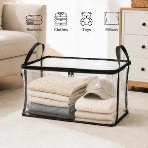 Large Transparent Plastic Storage Box with Zipper Flip Lid, Durable High-Capacity Dust-Proof Container, Ideal for Camping, Attic, Moving, Clothes, Books